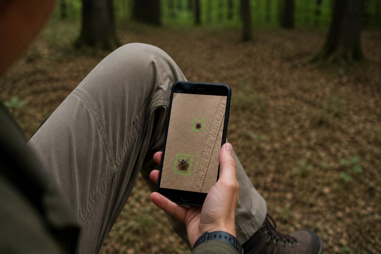 A person sits at the edge of a wood and sweeps a phone over their own trouser leg. On the phone screen the fabric is magnified and two ticks are each marked with a bright green box.